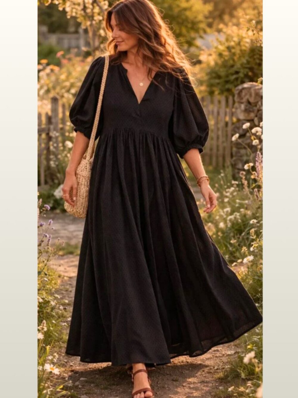 Black Swiss Dot Empire Cotton Maxi Dress M Puff Sleeve Prairie Cottagecore NWOT